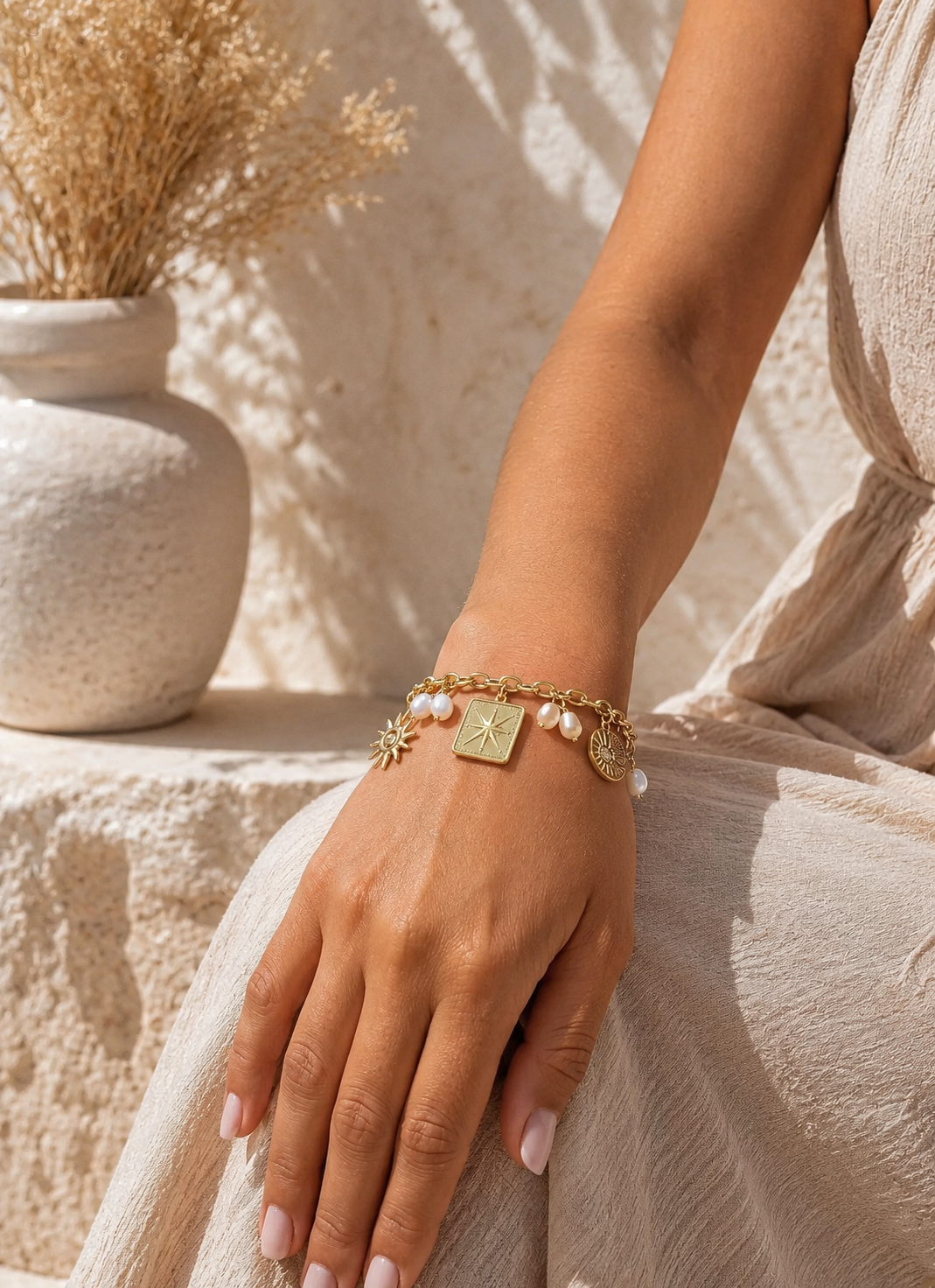Bracelet doré charms soleil, perles, médaillon